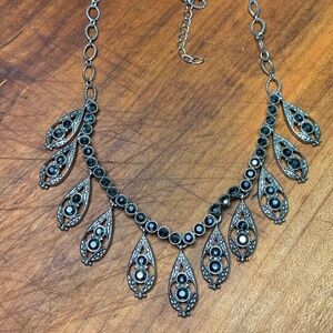 Liz Claiborne Choker Bib Style Necklace w/Black Rhinestones Silver Tone Setting